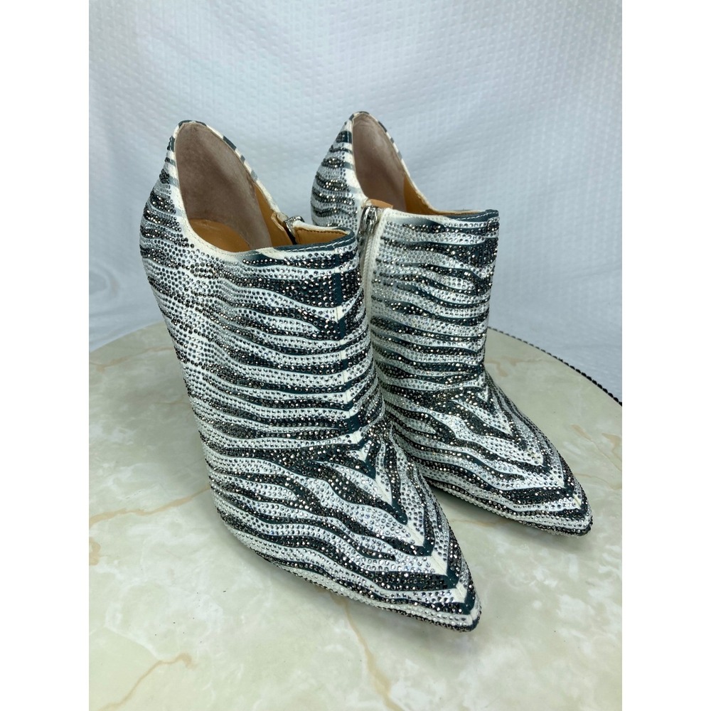 Jessica Simpson Luela 2 Rhinestone Ankle Boots Women 6 Silver Black Zebra Print